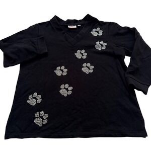 Quacker Factory Sweatshirt Large Black Rhinestone Paw Print V-Neck Fleece Lined